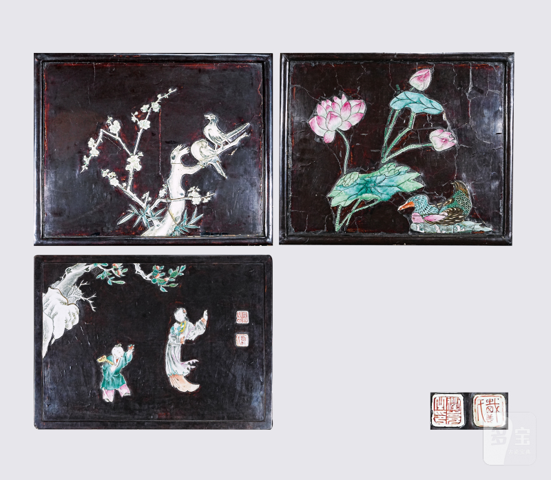 清 漆器嵌人物花鸟瓷挂屏（一组）
